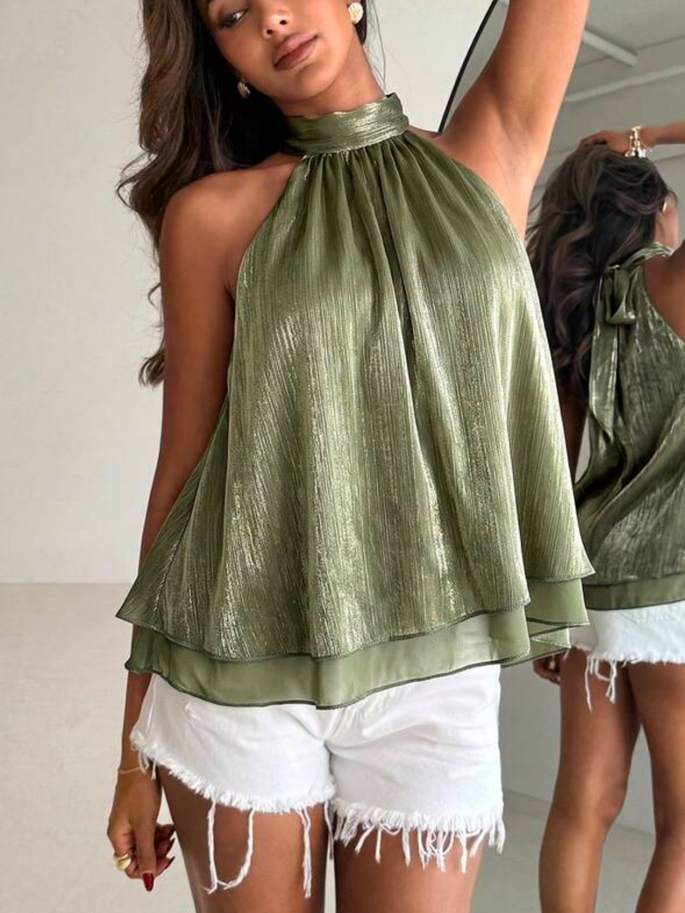 Sleeveless High-Neck Halter Army Green Women's Top